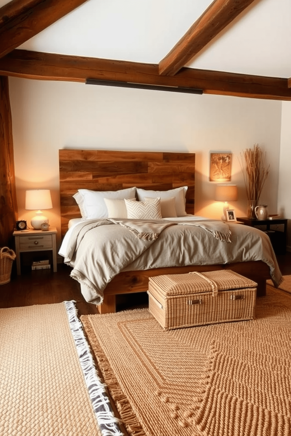 A cozy rustic bedroom featuring natural fiber rugs that add warmth and texture to the space. The room is adorned with wooden beams, a large reclaimed wood bed frame, and soft, neutral bedding that complements the earthy tones of the rugs.