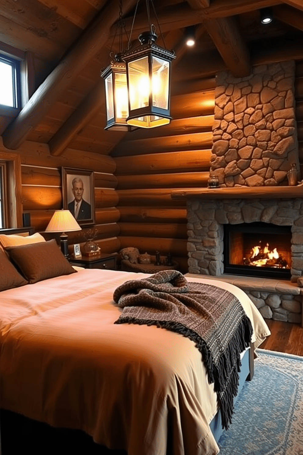 A cozy rustic bedroom featuring log cabin style accents. The walls are adorned with reclaimed wood paneling and a large stone fireplace serves as the focal point. A plush king-sized bed is dressed in warm, earthy tones with a handwoven throw blanket. Vintage lanterns hang from the ceiling, casting a soft glow over the space.