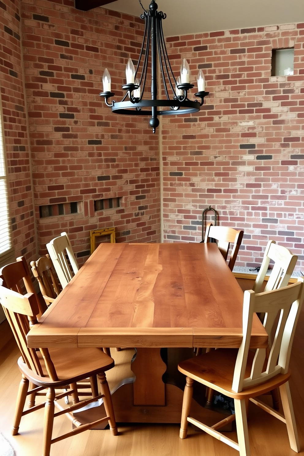 A reclaimed wood dining table serves as the centerpiece of a rustic dining room. Surrounding the table are mismatched wooden chairs, each with a unique finish that adds character to the space. The walls are adorned with exposed brick, creating a warm and inviting atmosphere. Soft, ambient lighting hangs from a wrought iron chandelier, casting a cozy glow over the entire room.