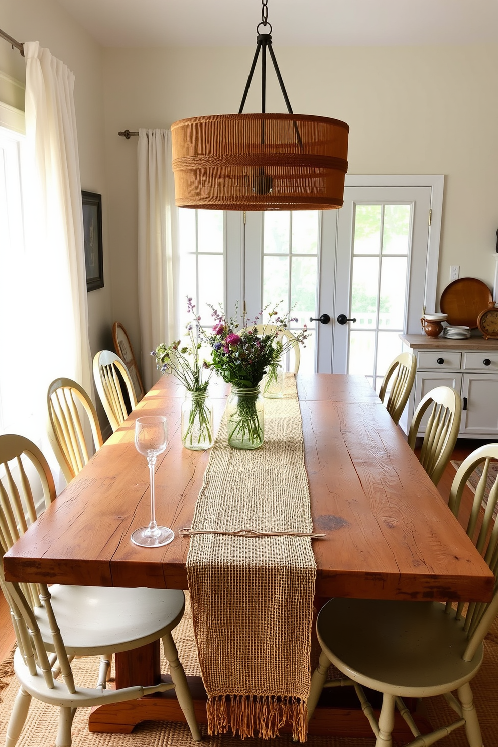 A charming farmhouse dining room features a large reclaimed wood table surrounded by mismatched vintage chairs. The table is adorned with mason jars filled with wildflowers, creating a warm and inviting atmosphere. Soft, natural light filters through sheer linen curtains, illuminating the rustic decor elements. A woven table runner adds texture, while a collection of rustic dishware completes the cozy setting.