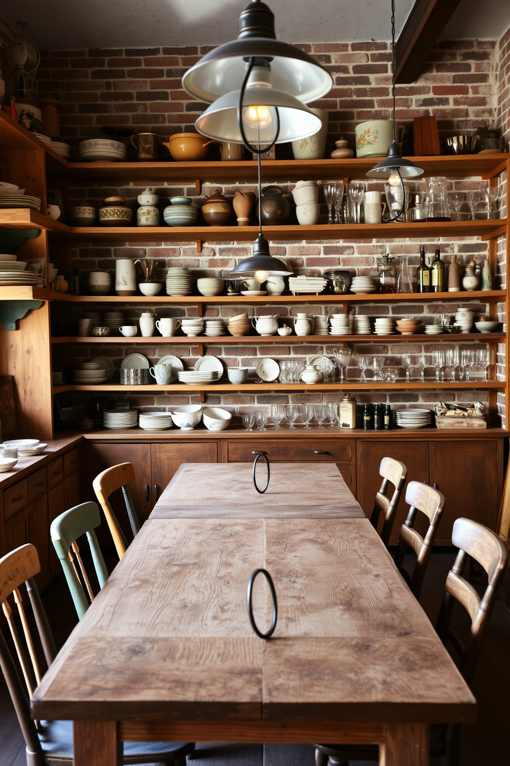 Open shelving displays an array of rustic dishware, showcasing handcrafted pottery and vintage glassware. The warm wooden shelves are complemented by a backdrop of exposed brick, creating a cozy and inviting atmosphere. A long wooden dining table, weathered and textured, is surrounded by mismatched chairs that add character to the space. Soft, ambient lighting from pendant fixtures enhances the rustic charm, making it perfect for family gatherings and intimate dinners.