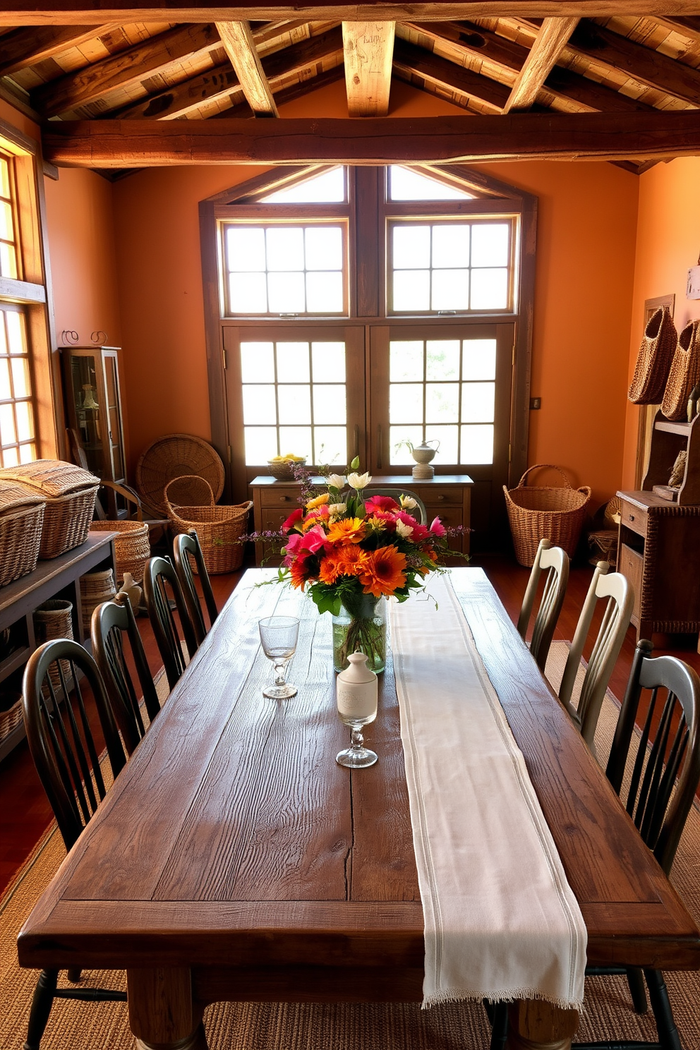 A rustic dining room featuring a large wooden table with a distressed finish surrounded by mismatched chairs. The room is adorned with woven baskets used for both storage and decor, adding texture and warmth to the space. Natural light streams in through large windows, illuminating the wooden beams on the ceiling and the warm-toned walls. A centerpiece of seasonal flowers in a simple vase sits on the table, complemented by soft linen table runners.