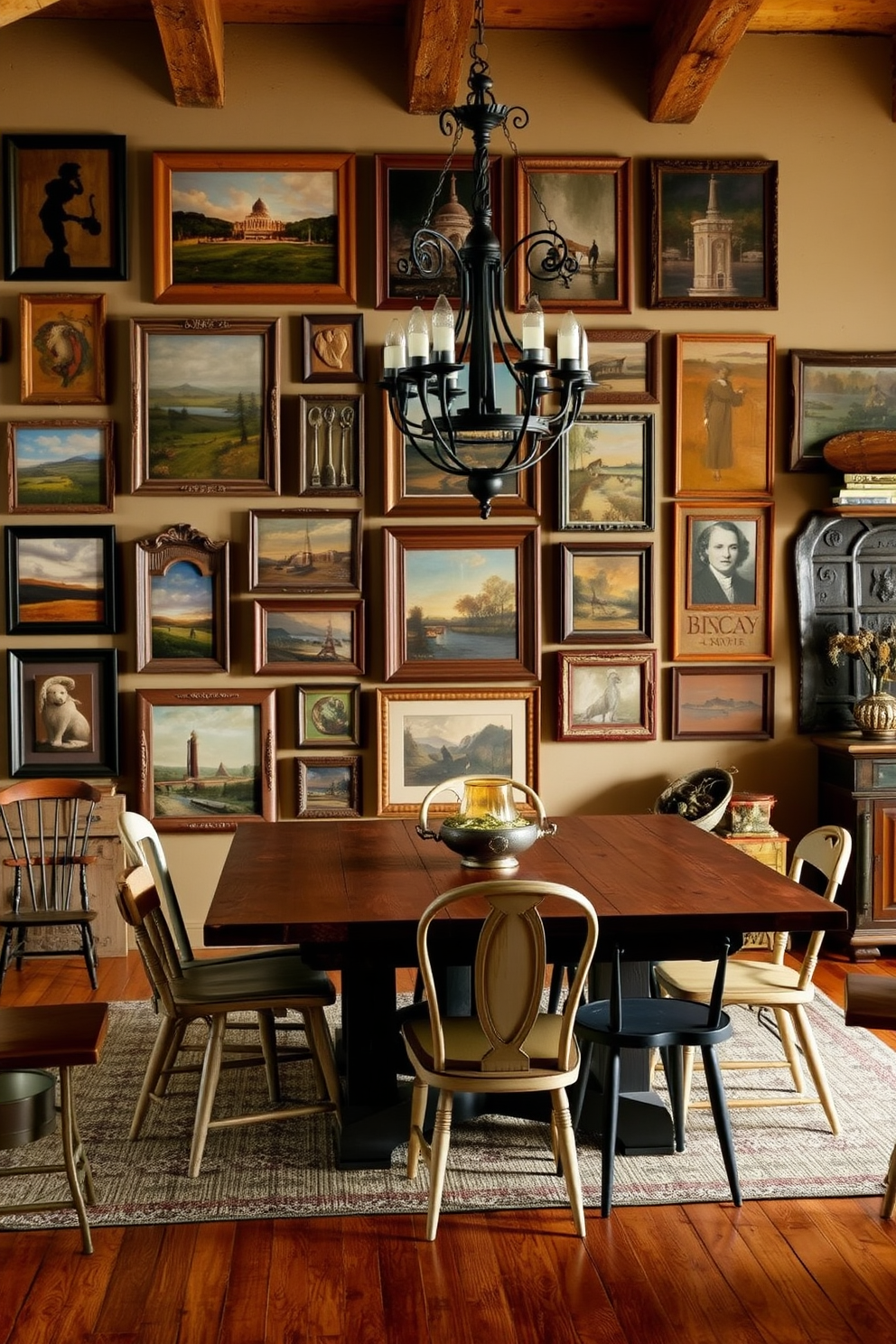 A gallery wall featuring a collection of rustic art pieces in various sizes and textures. The wall is adorned with wooden frames, showcasing landscapes and abstract designs that evoke a warm, inviting atmosphere. A rustic dining room with a large reclaimed wood table surrounded by mismatched chairs. The space is illuminated by a wrought iron chandelier, and the walls are decorated with vintage-inspired decor and warm earthy tones.