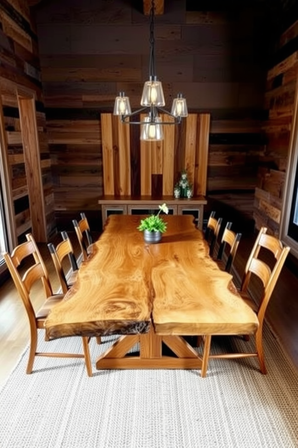 A rustic dining room features a stunning live edge wood table as the centerpiece, showcasing its natural grain and unique shape. Surrounding the table are mismatched wooden chairs that add charm and warmth to the space. The walls are adorned with reclaimed wood panels, enhancing the rustic aesthetic, while soft pendant lights hang above the table, creating a cozy atmosphere. A woven rug lies beneath the table, adding texture and comfort to the room.