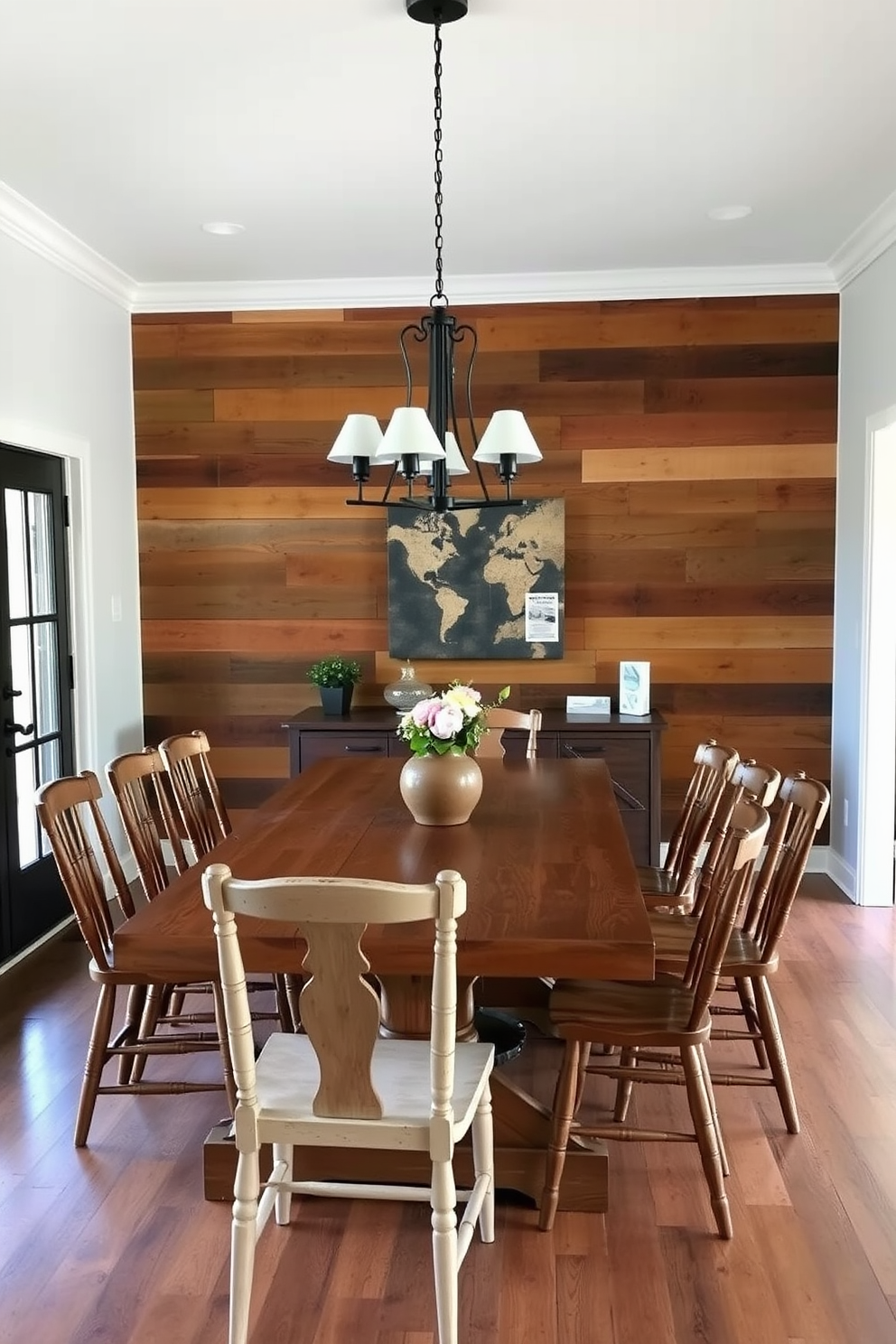 A rustic dining room featuring a pallet wood accent wall that adds warmth and texture to the space. The room includes a large farmhouse table surrounded by mismatched wooden chairs, creating an inviting atmosphere for family gatherings.