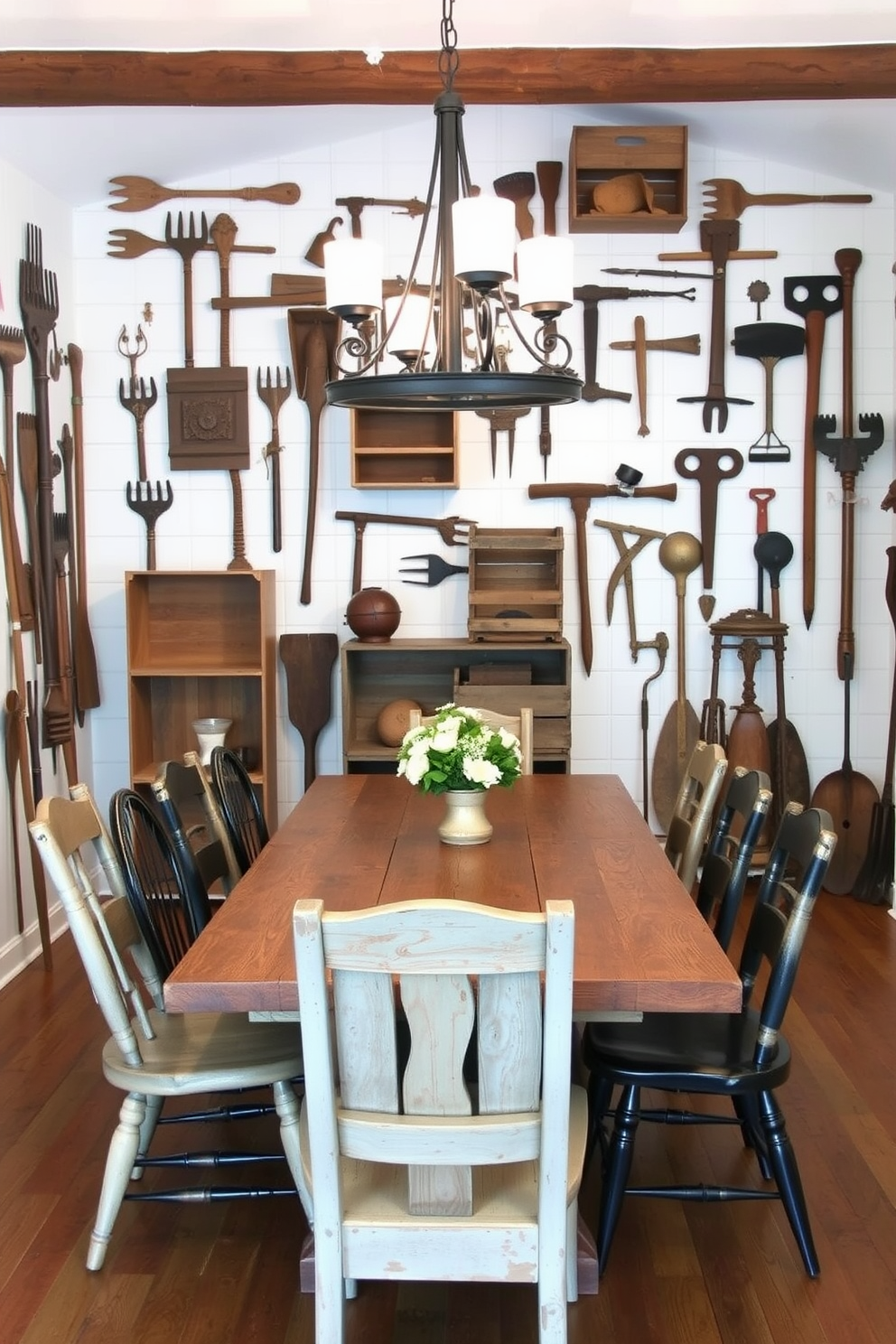 A rustic dining room featuring vintage farm tools as wall decor. The walls are adorned with an arrangement of antique pitchforks, wooden crates, and old farm implements, creating a warm and inviting atmosphere. The dining table is made of reclaimed wood, surrounded by mismatched chairs that add character to the space. A large farmhouse-style chandelier hangs above the table, casting a soft glow over the rustic setting.