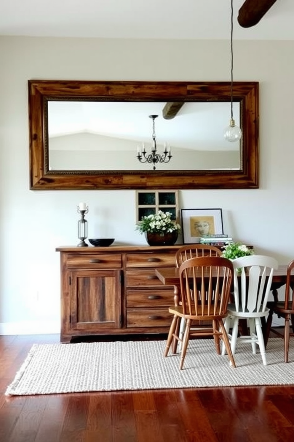 A rustic wooden sideboard made from reclaimed barn wood stands against a wall, showcasing its natural grain and texture. Above the sideboard, a large vintage mirror reflects the warm glow of pendant lights hanging from the ceiling. The dining room features a large farmhouse table surrounded by mismatched wooden chairs, creating an inviting atmosphere. Soft, earthy tones dominate the color palette, with a woven rug underfoot adding comfort and warmth.