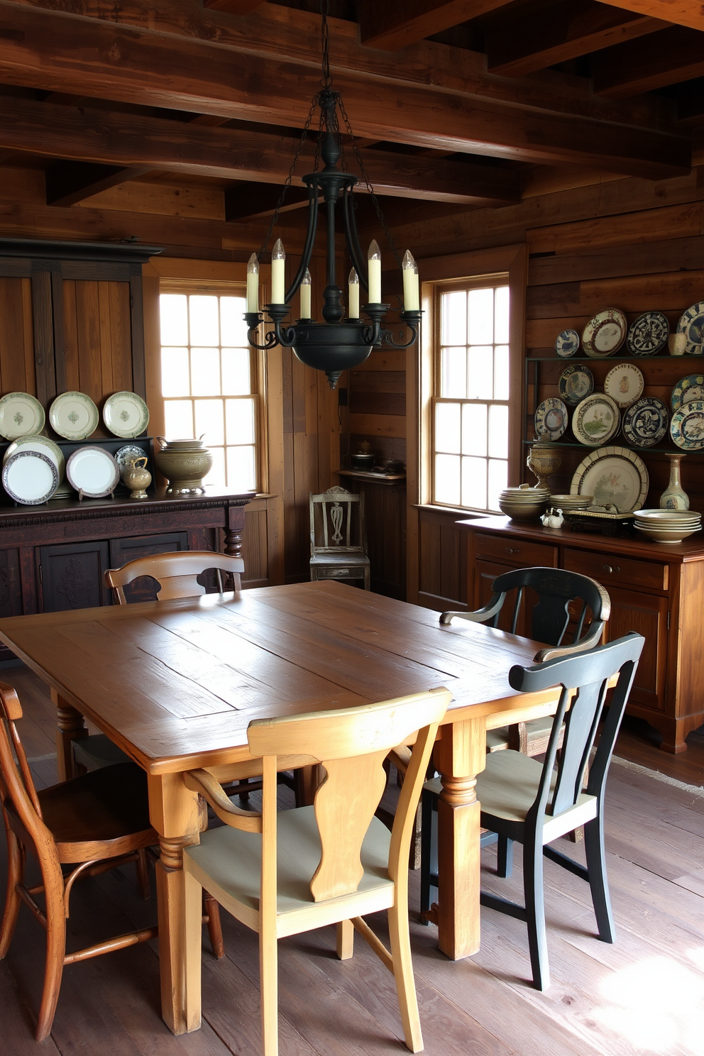 A rustic dining room featuring a large wooden table surrounded by mismatched chairs. An antique chandelier hangs above the table, casting a warm glow over the space. The walls are adorned with reclaimed wood paneling, adding texture and warmth to the room. A vintage sideboard sits against one wall, displaying an array of decorative plates and a collection of rustic serving ware.