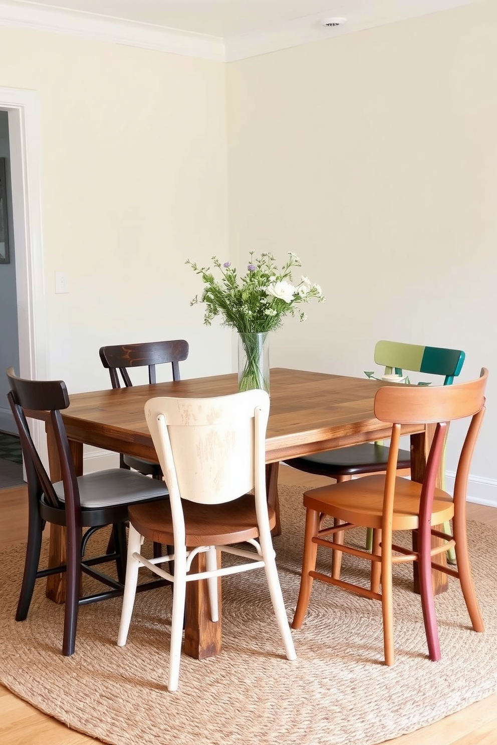 Mismatched chairs in various colors and patterns surround a rustic wooden dining table. The table is adorned with a simple centerpiece of wildflowers in a glass vase, creating a warm and inviting atmosphere. The walls are painted in a soft cream hue, complementing the natural wood tones of the table and chairs. A woven jute rug lies beneath the table, adding texture and enhancing the eclectic style of the dining room.