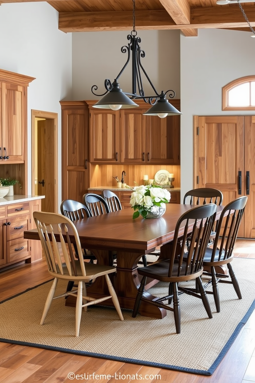 Natural wood finishes on cabinetry create a warm and inviting atmosphere in a rustic dining room. The rich textures and earthy tones of the wood complement a large farmhouse table surrounded by mismatched chairs, enhancing the room's charm. Soft lighting from wrought iron fixtures casts a gentle glow, highlighting the natural grain of the wood. A cozy area rug under the table adds comfort and ties the space together, inviting family and friends to gather for meals.