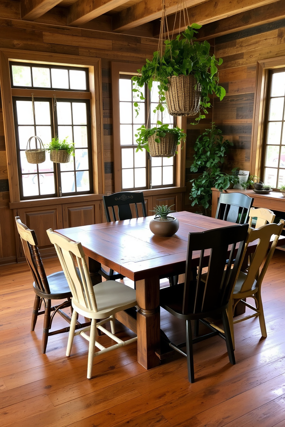 A rustic dining room features a large wooden table surrounded by mismatched chairs that add character. The walls are adorned with reclaimed wood panels, and a large window lets in natural light, highlighting the greenery of hanging plants in woven baskets.