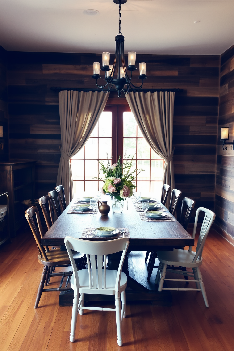 A rustic dining room featuring a large wooden table surrounded by mismatched chairs. The walls are adorned with reclaimed wood paneling and the floor is a warm oak, creating a cozy atmosphere. Neutral curtains hang elegantly at the windows, allowing soft natural light to filter through. A centerpiece of fresh flowers sits on the table, complemented by vintage tableware and rustic decor accents.