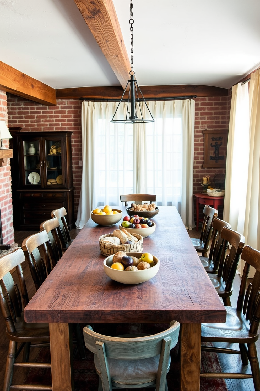 A cozy rustic dining room featuring a large reclaimed wooden table surrounded by mismatched wooden chairs. On the table, there are various wooden bowls filled with fresh fruits and rustic bread, creating a warm and inviting atmosphere. The walls are adorned with exposed brick and wooden beams, enhancing the rustic charm of the space. Soft, natural lighting filters through sheer curtains, highlighting the rich textures of the wooden accessories and the earthy color palette.