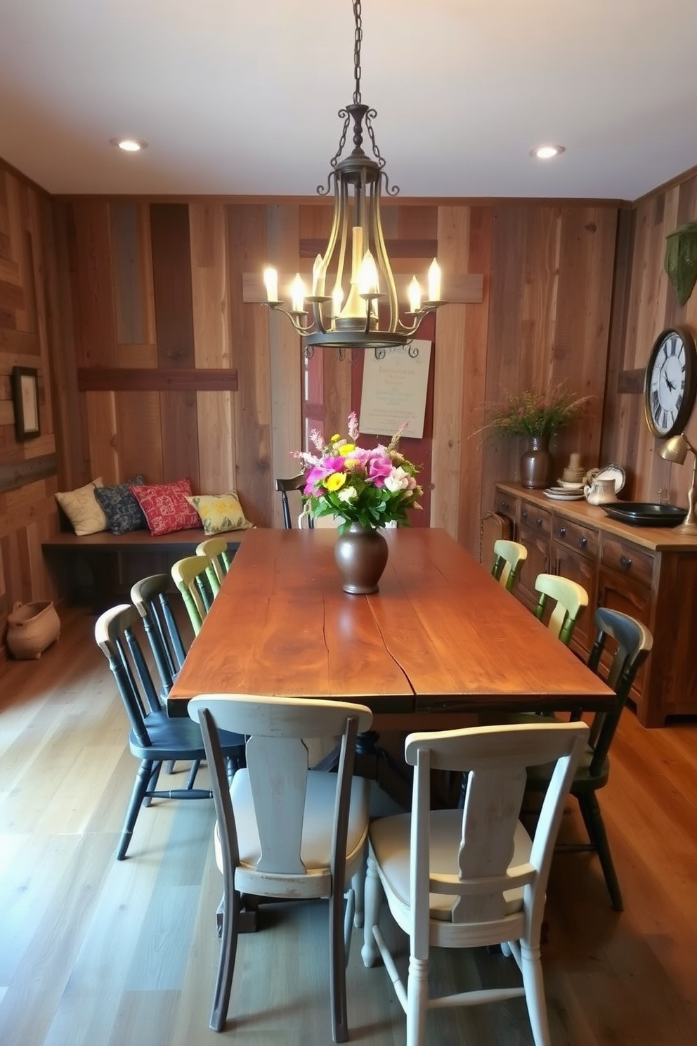 A rustic dining room features a large wooden table surrounded by mismatched chairs, creating an inviting and homey feel. The walls are adorned with reclaimed wood panels, and a vintage chandelier hangs above the table, casting warm light throughout the space. In one corner, a cozy nook with a plush bench and colorful throw pillows invites relaxation. A sideboard made of distressed wood displays an array of artisanal dishes and a vase filled with seasonal flowers.