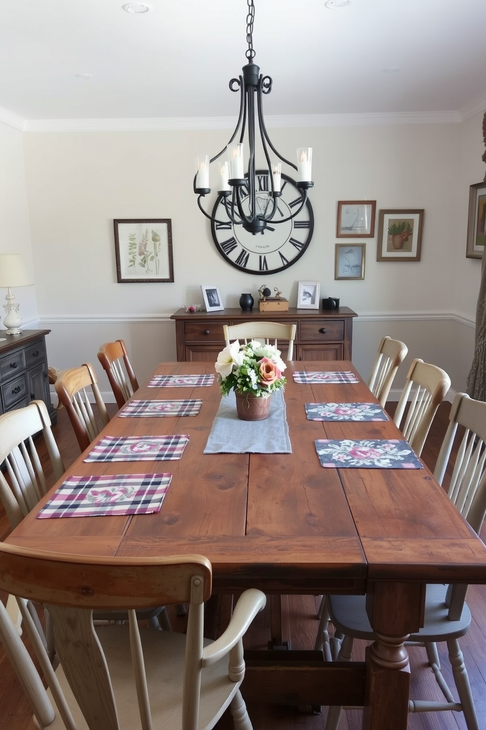 A rustic dining room features a large wooden table with a distressed finish surrounded by mismatched chairs. Country-style table runners and placemats in plaid and floral patterns add warmth and charm to the setting. The walls are adorned with vintage farmhouse decor, including a large clock and framed botanical prints. Soft, ambient lighting from a wrought iron chandelier creates an inviting atmosphere for family gatherings.