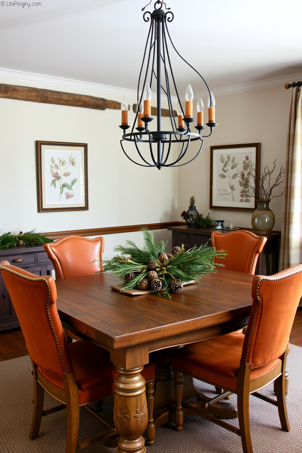 A rustic dining room adorned with seasonal decor featuring natural elements. The wooden table is set with a centerpiece of pinecones and evergreen branches, while warm-toned chairs surround it. On the walls, there are framed botanical prints that complement the earthy color palette. Soft lighting from a wrought iron chandelier creates an inviting atmosphere for gatherings.