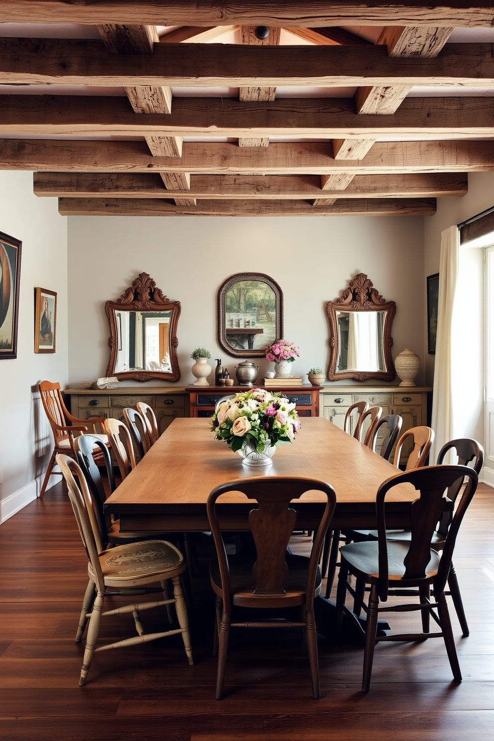 A rustic dining room features a large wooden table surrounded by mismatched antique chairs. The walls are adorned with vintage art and the ceiling beams are exposed, creating a warm and inviting atmosphere. Antique mirrors are strategically placed to reflect natural light, enhancing the room's brightness. Soft, earthy tones dominate the color palette, complemented by a centerpiece of fresh flowers on the table.