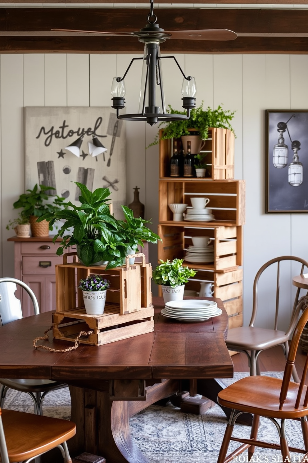 A rustic dining room features wooden crates used as unique table decor. The crates are stacked at varying heights, showcasing potted plants and vintage tableware.