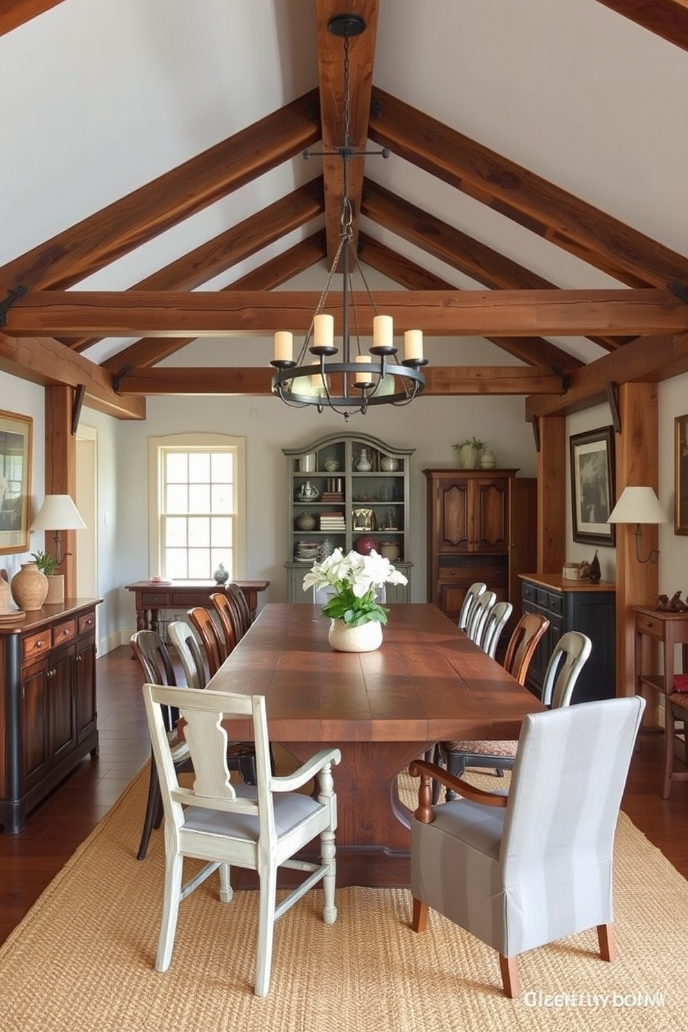 A rustic dining room featuring exposed wooden beams that add warmth and character to the space. The dining table is made of reclaimed wood, surrounded by mismatched chairs that enhance the cozy, inviting atmosphere. A large farmhouse-style chandelier hangs from the ceiling, illuminating the room with a soft glow. The walls are adorned with vintage artwork and the floor is covered with a woven jute rug for added texture.