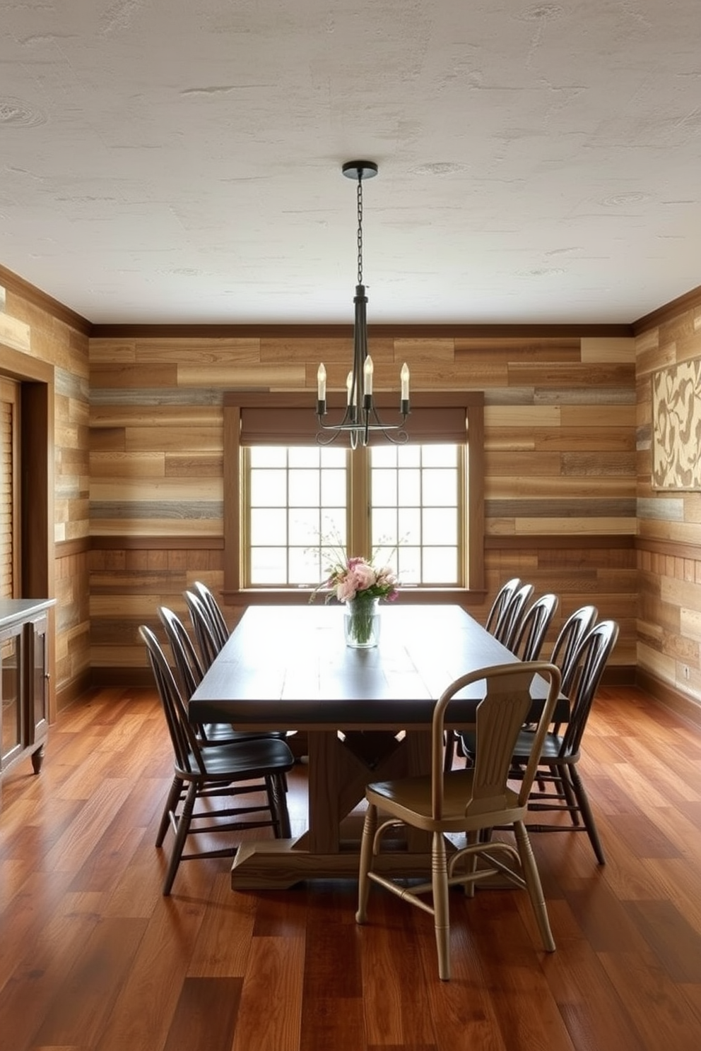 A rustic dining room featuring textured wall finishes that add depth and character. The walls are adorned with reclaimed wood paneling, complemented by a large farmhouse table surrounded by mismatched chairs.