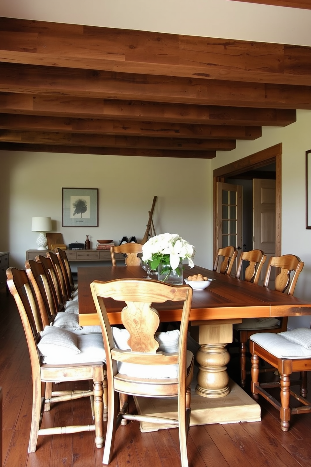 A rustic dining room featuring distressed wood chairs with soft cushions around a large farmhouse table. The walls are adorned with exposed wooden beams, and a warm, inviting color palette enhances the cozy atmosphere.