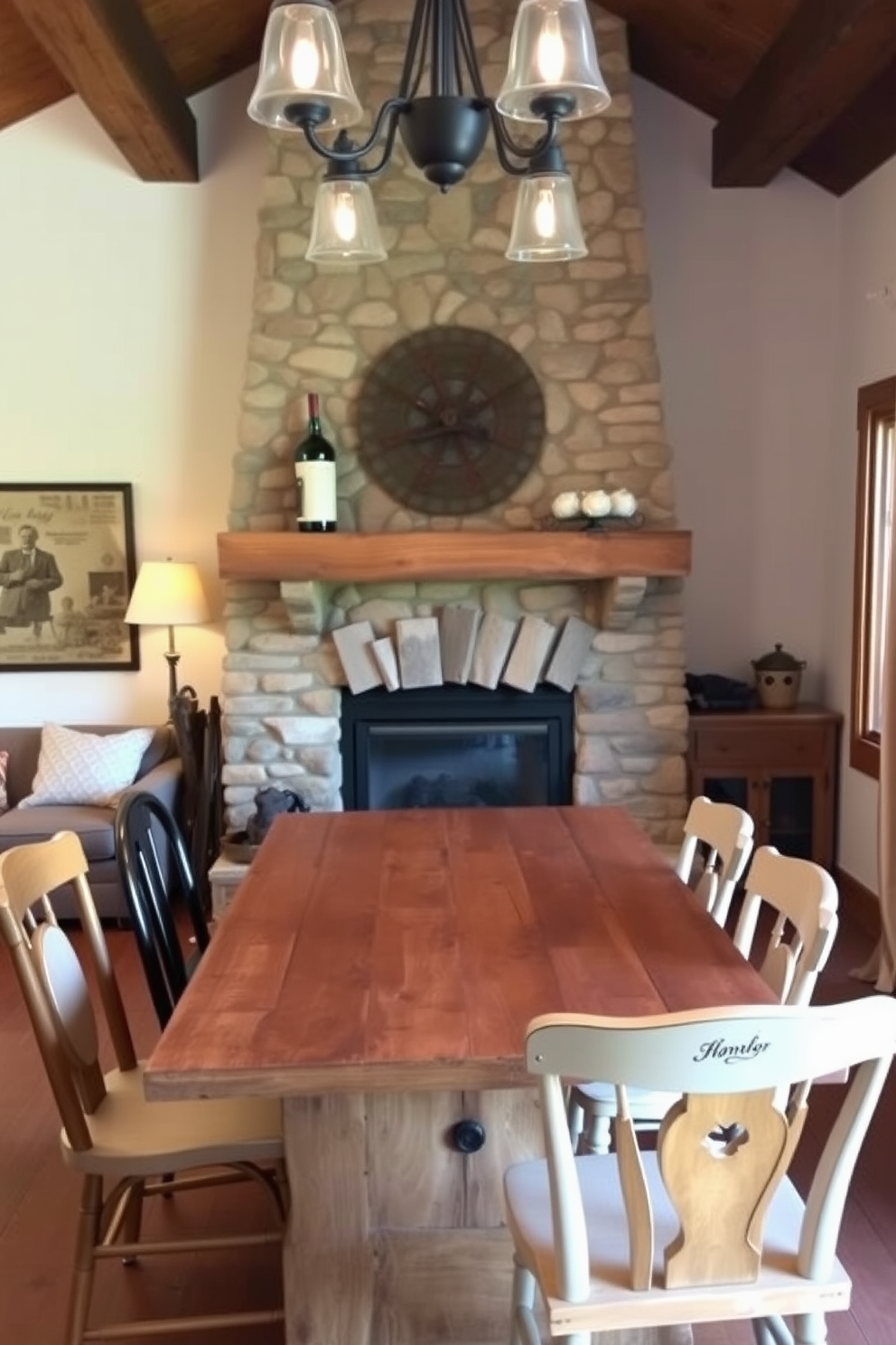 A rustic dining room featuring a stone fireplace as the focal point. The fireplace is adorned with a wooden mantel and surrounded by comfortable seating, creating a warm and inviting atmosphere. The dining table is made of reclaimed wood, complemented by mismatched chairs that add character. Soft, ambient lighting hangs overhead, enhancing the cozy feel of the space.