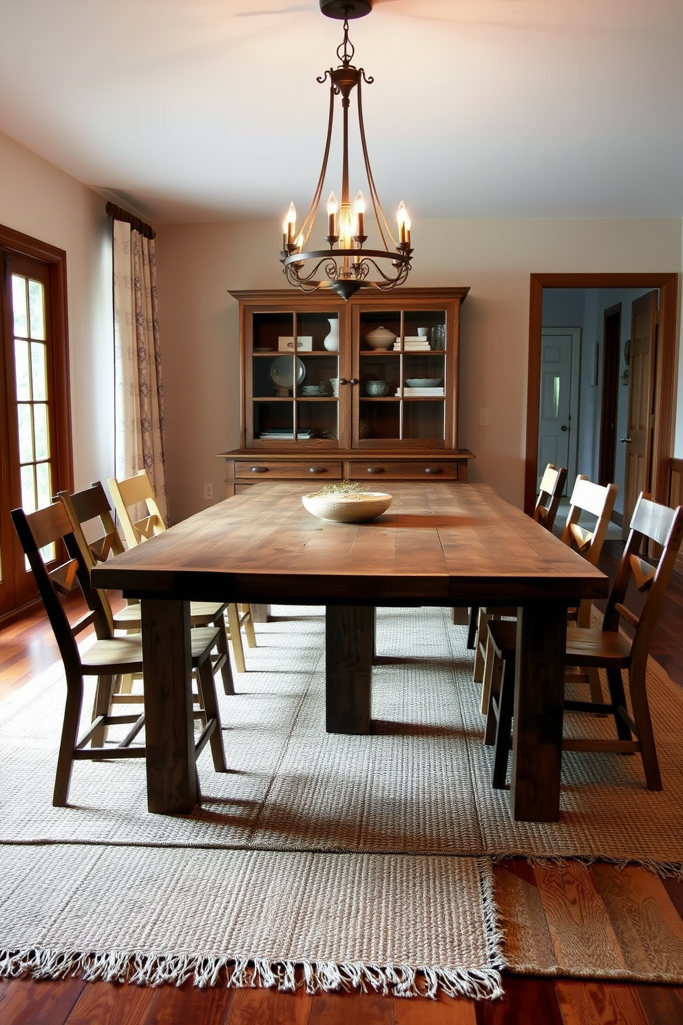 A rustic dining room features a large wooden table surrounded by mismatched chairs made of reclaimed wood. Natural fiber rugs are laid beneath the table, adding warmth and texture to the space, complemented by soft lighting from a wrought iron chandelier.