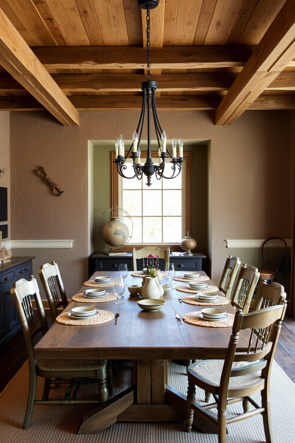 A rustic dining room featuring earthy tones on the walls and decor creates a warm and inviting atmosphere. A large wooden dining table with mismatched chairs sits at the center, surrounded by woven placemats and ceramic dishware. The walls are adorned with textured finishes in soft browns and greens, complemented by natural wood beams overhead. A vintage chandelier made of wrought iron hangs above the table, casting a soft glow over the space.