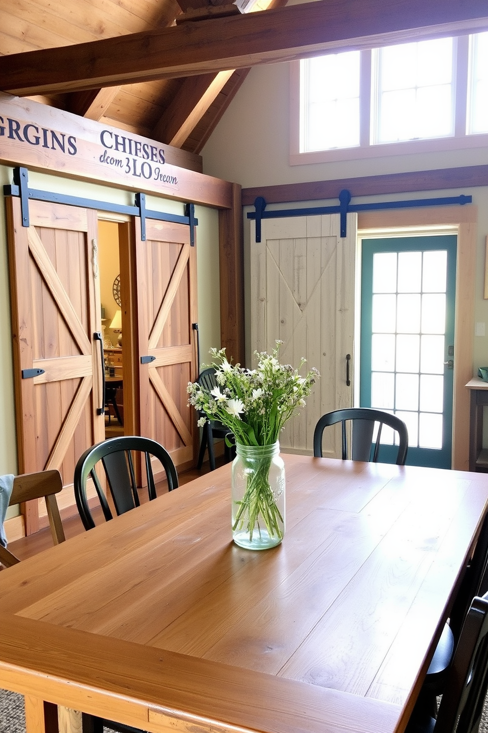 A rustic dining room featuring vintage barn doors as room dividers. The space is adorned with a large wooden dining table surrounded by mismatched chairs, creating a warm and inviting atmosphere. Natural light pours in through large windows, illuminating the room's exposed wooden beams and reclaimed wood accents. A centerpiece of wildflowers in a mason jar sits atop the table, enhancing the room's charming farmhouse aesthetic.