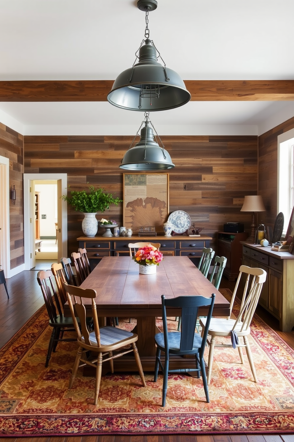 A rustic dining room featuring a large wooden table surrounded by mismatched chairs. Above the table, rustic metal light fixtures hang from the ceiling, casting a warm glow over the space. The walls are adorned with reclaimed wood panels, adding texture and warmth to the room. A large area rug in earthy tones anchors the space, while a sideboard displays vintage dishware and decorative items.