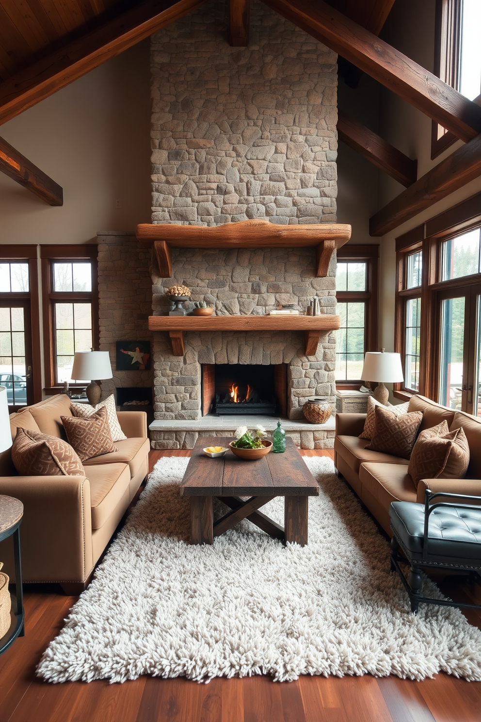 Cozy stone fireplace with wooden beams. The room features a large, inviting sofa adorned with soft throw pillows, and a rustic coffee table sits in front of it. Warm, earthy tones dominate the decor, complemented by a plush area rug that adds texture. Large windows allow natural light to flood the space, highlighting the wooden accents throughout the room.