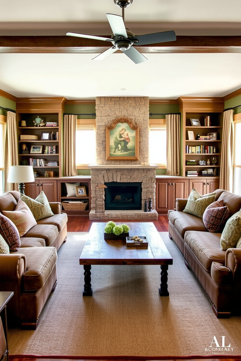 A cozy family room featuring an earthy color palette with rich greens and warm browns. The room includes a large, comfortable sectional sofa adorned with textured throw pillows and a reclaimed wood coffee table at the center. A stone fireplace serves as a focal point, surrounded by built-in bookshelves filled with family mementos. Natural light floods the space through large windows dressed with linen curtains, enhancing the inviting atmosphere.