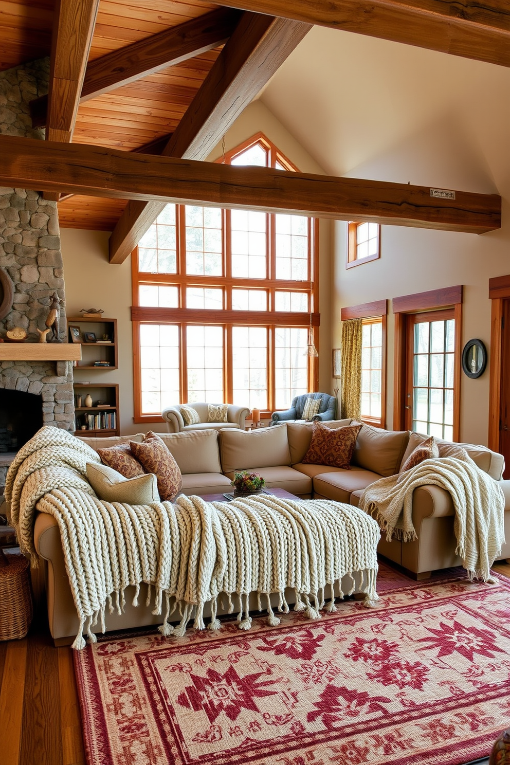 A cozy family room featuring oversized knitted throw blankets draped over a large sectional sofa. The room is adorned with rustic wooden beams, a stone fireplace, and warm earthy tones throughout the decor. The walls are painted in a soft beige, complemented by a large area rug with a tribal pattern. Natural light floods the space through large windows, enhancing the inviting atmosphere.