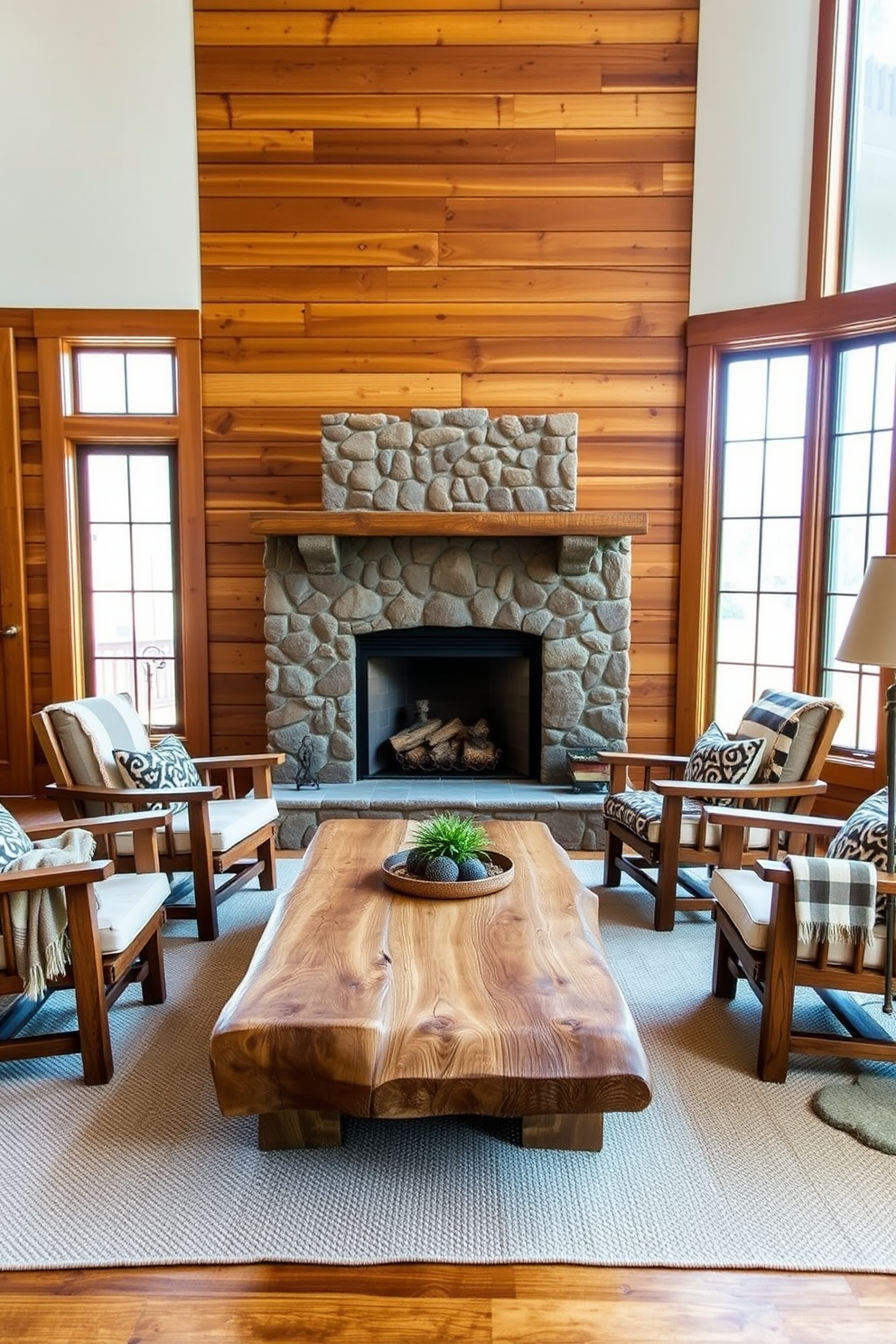 Wooden accent chairs with cozy cushions are arranged around a large, rustic coffee table made of reclaimed wood. The walls are adorned with warm-toned wood paneling, and a stone fireplace serves as the focal point of the room. Natural light floods the space through large windows, illuminating the earthy color palette of browns and greens. Decorative throw blankets are draped over the chairs, adding to the inviting and comfortable atmosphere.