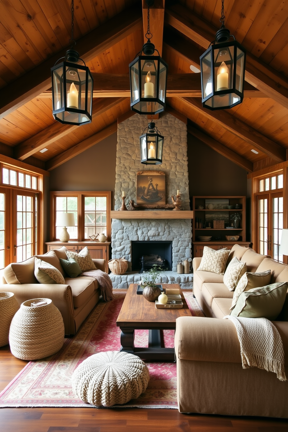 A cozy family room featuring vintage lanterns hanging from exposed wooden beams. The room is adorned with a large, comfortable sectional sofa in warm earth tones, complemented by a reclaimed wood coffee table and a stone fireplace that serves as the focal point. Rustic decor elements include woven baskets, a vintage area rug, and an assortment of textured throw pillows. Large windows allow natural light to flood the space, enhancing the inviting atmosphere of this rustic family retreat.