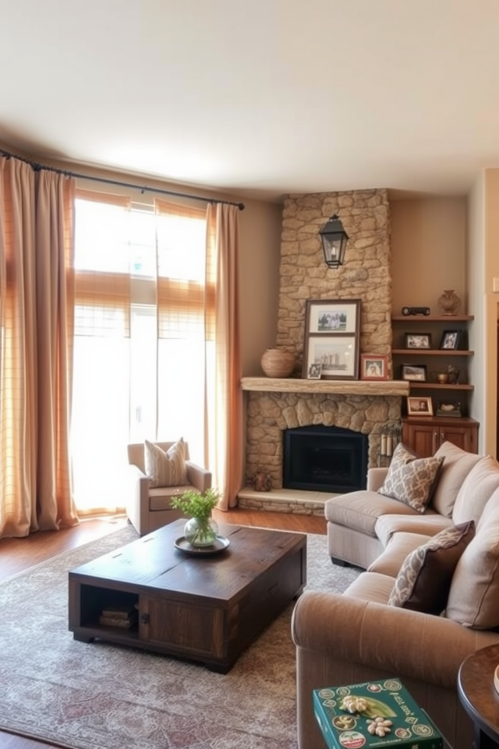 A rustic family room featuring natural fiber curtains that softly filter sunlight, creating a warm and inviting atmosphere. The room is adorned with a large, comfortable sectional sofa in earthy tones, complemented by a reclaimed wood coffee table and a cozy area rug. The walls are painted in a soft beige, enhancing the natural light and warmth of the space. A stone fireplace serves as the focal point, surrounded by shelves displaying family photos and rustic decor accents.