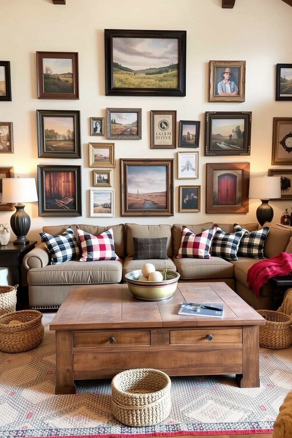 A gallery wall adorned with an array of rustic artwork featuring landscapes and vintage frames. The room is filled with warm wood tones and cozy textiles, creating an inviting atmosphere. The family room boasts a large, comfortable sectional sofa with plaid throw pillows. A reclaimed wood coffee table sits at the center, surrounded by woven baskets and soft, ambient lighting.