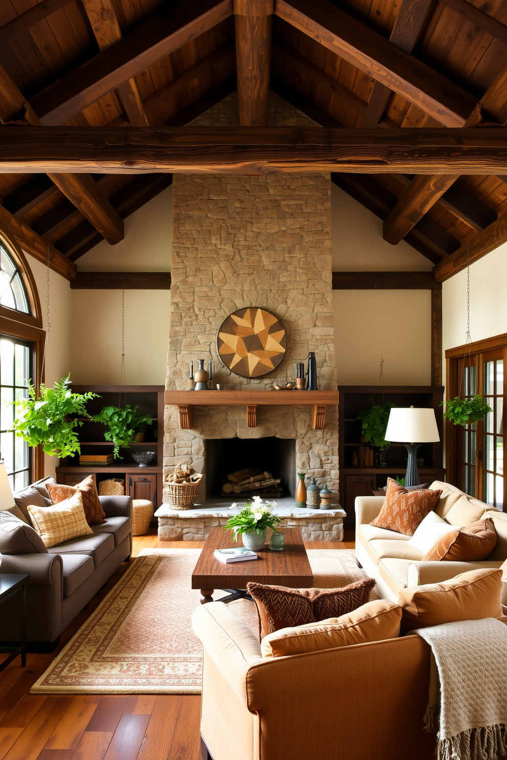 A cozy family room filled with rustic charm. The space features exposed wooden beams and a large stone fireplace as the focal point. Plush seating arrangements with earthy tones create a welcoming atmosphere. Hanging plants are strategically placed near the windows, bringing a touch of nature indoors.