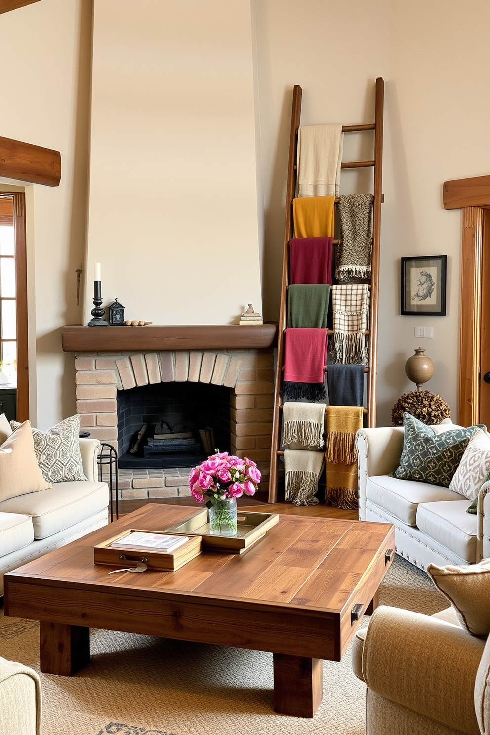 A rustic family room features a wooden ladder elegantly leaning against the wall, showcasing a variety of cozy blankets in warm, earthy tones. The space is adorned with comfortable seating, a large coffee table made of reclaimed wood, and decorative accents that evoke a sense of warmth and togetherness.