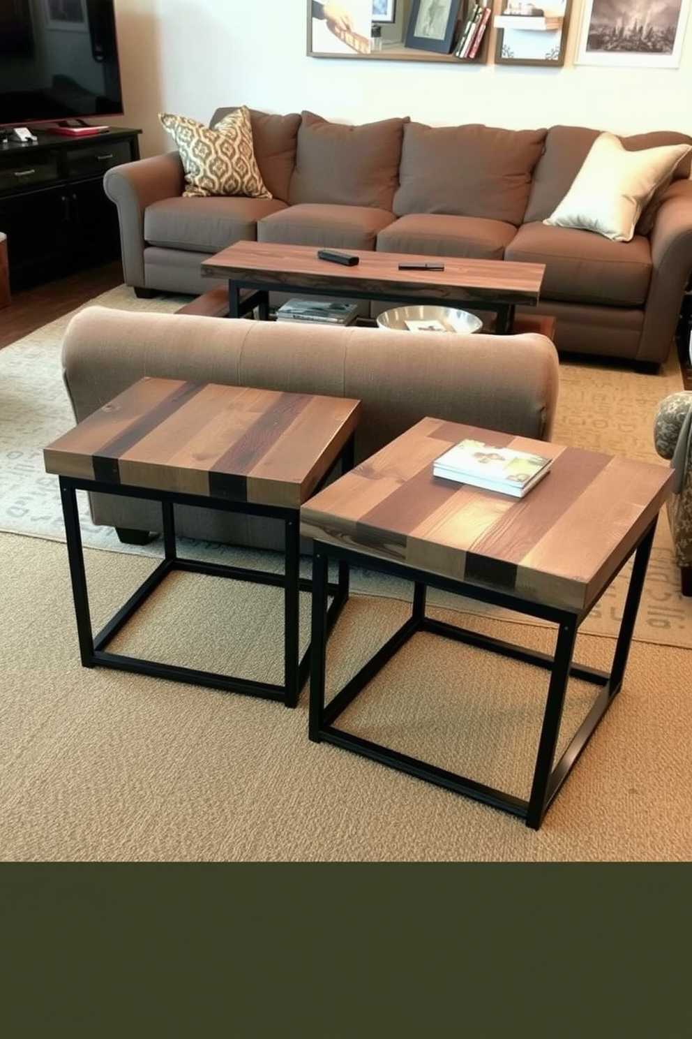 Rustic side tables with metal accents. The tables feature a weathered wood finish complemented by industrial-style metal legs, providing a perfect blend of warmth and modernity. Rustic family room design ideas. The space is filled with cozy elements like a large sectional sofa, a reclaimed wood coffee table, and earthy tones that create a welcoming atmosphere.