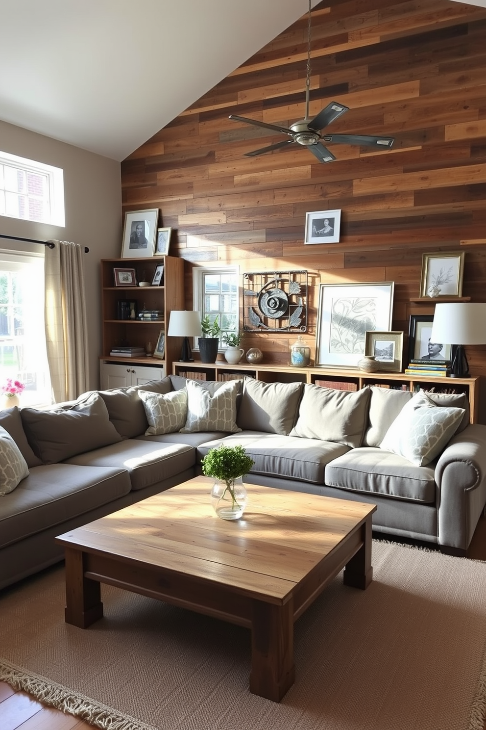 A cozy family room featuring a pallet wood feature wall that adds warmth and character to the space. The room is furnished with a large sectional sofa, a reclaimed wood coffee table, and a soft area rug that ties the design together. Natural light floods the room through large windows adorned with simple linen curtains. A mix of vintage and modern decor accents the shelves, creating an inviting atmosphere for family gatherings.