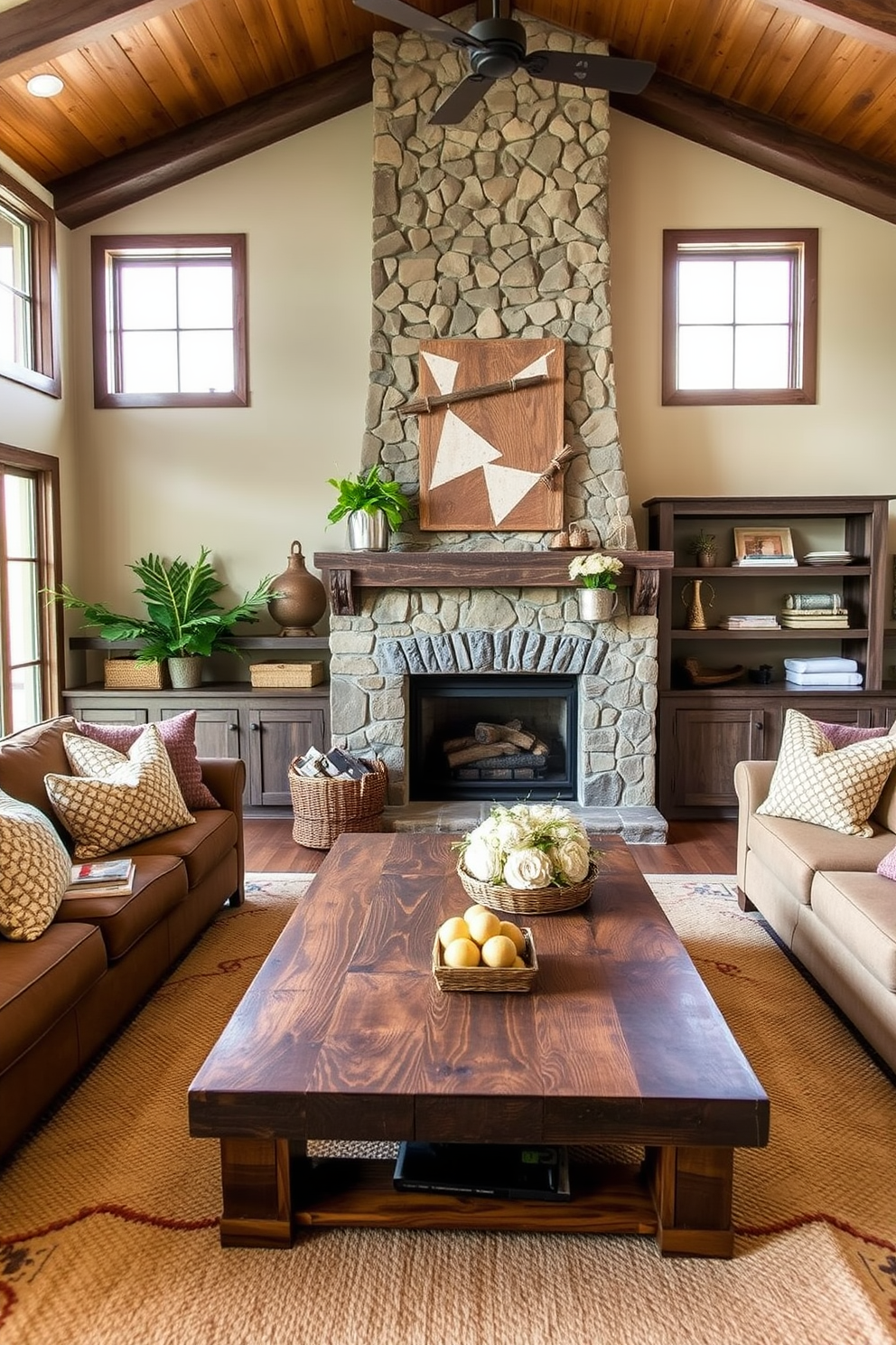 Textured cushions in earthy tones adorn a cozy rustic family room. The space features a large, inviting sectional sofa paired with a reclaimed wood coffee table and a stone fireplace as the focal point.