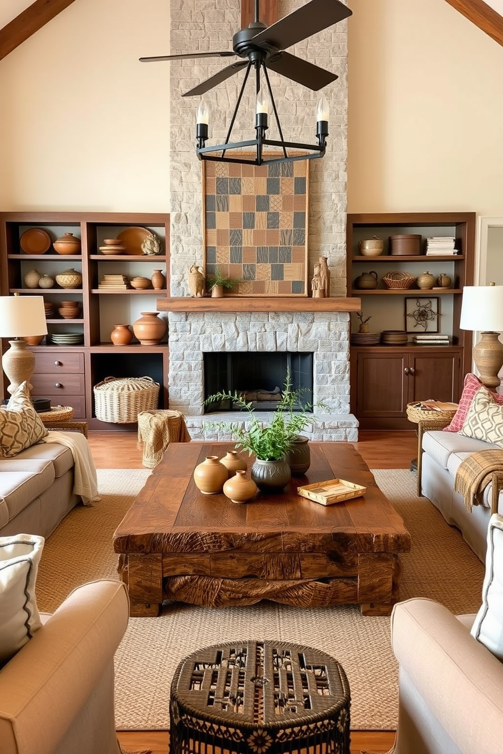 Handmade pottery adds a personal touch to the decor, showcasing the beauty of craftsmanship and individuality. The warm earth tones of the pottery complement the rustic elements of the family room, creating a cozy and inviting atmosphere. Incorporate a large, reclaimed wood coffee table as the centerpiece, surrounded by comfortable seating in natural fabrics. Accent the space with woven baskets and textured throws to enhance the rustic charm and provide a sense of warmth.