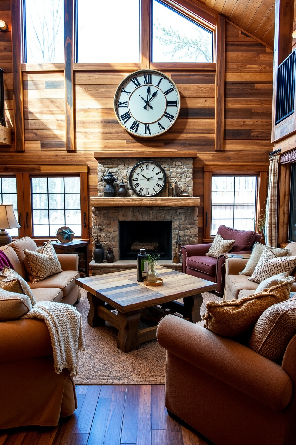 A rustic clock serves as the focal point in a cozy family room designed with warm wood accents and comfortable furnishings. The walls are adorned with reclaimed wood paneling, and a large stone fireplace creates an inviting atmosphere. Plush sofas in earthy tones are arranged around a handcrafted coffee table made from distressed wood. Soft, textured throw blankets and pillows add warmth, while large windows allow natural light to fill the space, enhancing the rustic charm.