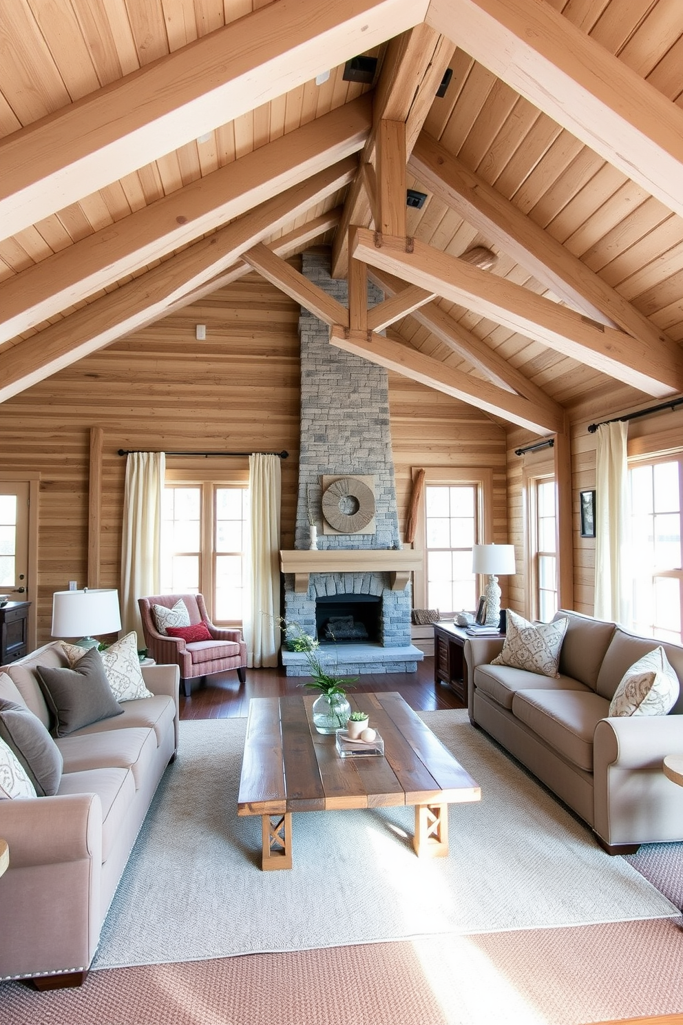 A rustic family room featuring wooden beams painted in soft white. The room is filled with comfortable seating, a large sectional sofa, and a reclaimed wood coffee table at the center. Natural light floods the space through large windows adorned with sheer curtains. A cozy fireplace with a stone surround adds warmth, complemented by earthy tones in the decor.