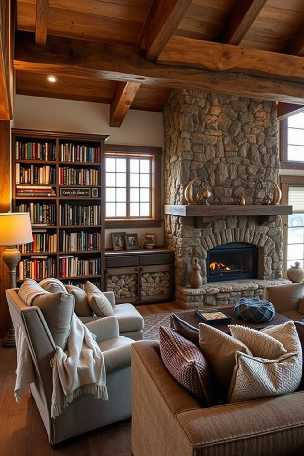 Cozy reading nook with warm lighting. A plush armchair is positioned next to a tall bookshelf filled with books, and a soft throw blanket drapes over the armrest. Rustic family room design ideas. The space features exposed wooden beams, a large stone fireplace, and a comfortable sectional sofa adorned with earthy tones and textured cushions.