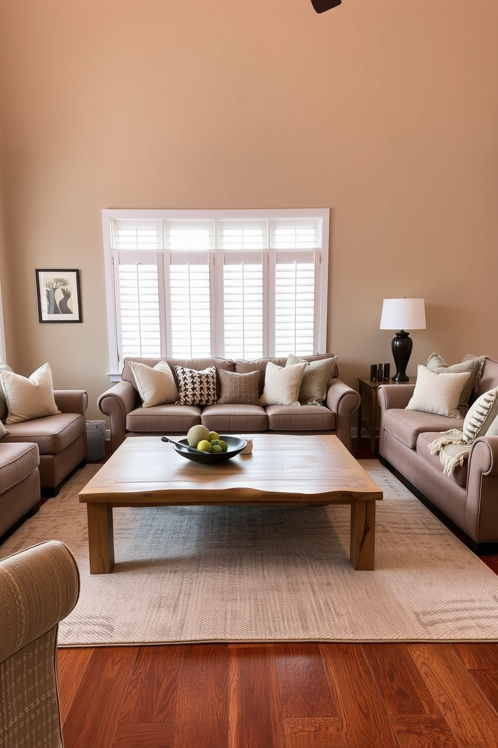 A natural wood coffee table serves as the centerpiece of a cozy family room. Surrounding the table are plush, oversized sofas adorned with soft throw pillows in earthy tones. The walls are painted in a warm beige, complementing the rich wood tones of the furniture. A large area rug with a subtle pattern anchors the seating area, creating an inviting atmosphere for family gatherings.