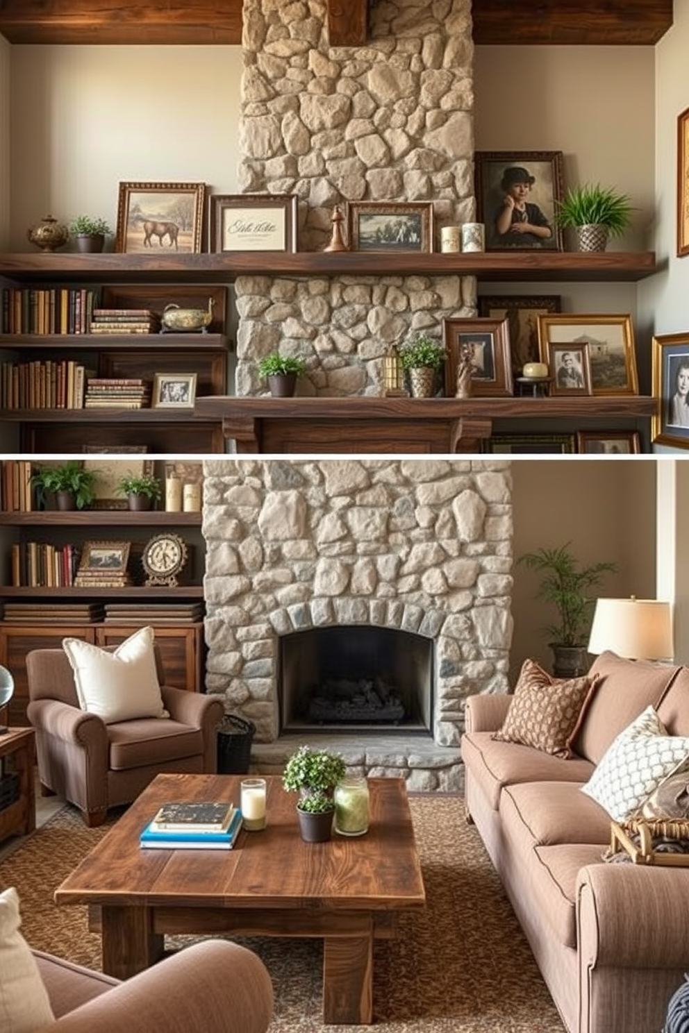 Rustic shelving made of reclaimed wood showcases a collection of vintage decor pieces including antique books, weathered picture frames, and a small globe. The shelves are adorned with potted plants and rustic candles, adding warmth and character to the space. The family room features a cozy arrangement of plush sofas in earthy tones, accompanied by a reclaimed wood coffee table. A large stone fireplace serves as the focal point, with rustic artwork and family photos displayed on the walls to enhance the inviting atmosphere.