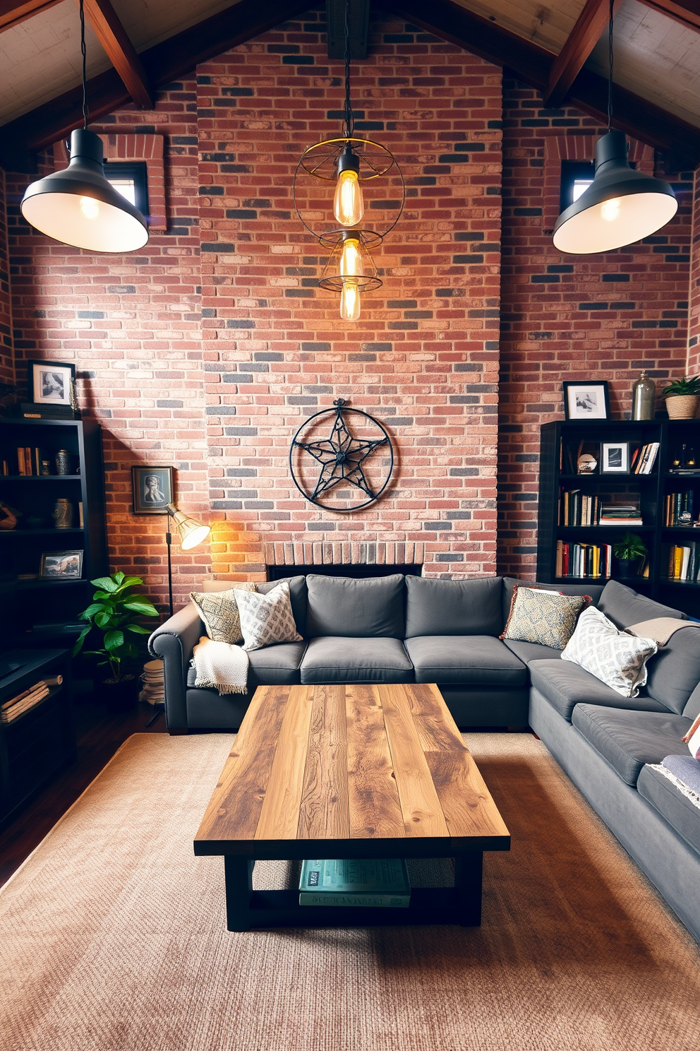 A cozy family room featuring an exposed brick wall that adds rustic charm to the space. The room is furnished with a large, comfortable sectional sofa and a reclaimed wood coffee table, inviting relaxation and family gatherings. Warm lighting fixtures hang from the ceiling, illuminating the space and highlighting the natural textures of the brick. A large area rug in earthy tones anchors the seating area, while shelves filled with books and decorative items add personal touches to the room.