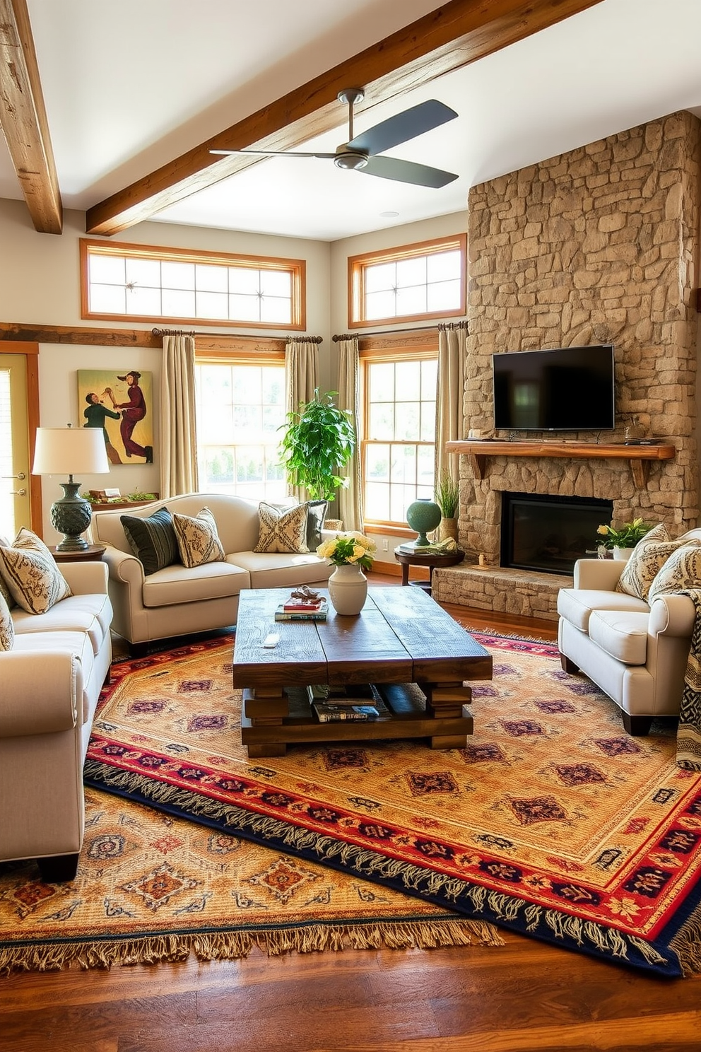 A cozy family room featuring layered rugs that add warmth and texture to the space. The rugs are a mix of natural fibers and bold patterns, creating a welcoming atmosphere. The room is designed with rustic elements such as exposed wooden beams and a stone fireplace. Comfortable seating is arranged around a coffee table made of reclaimed wood, inviting family gatherings.